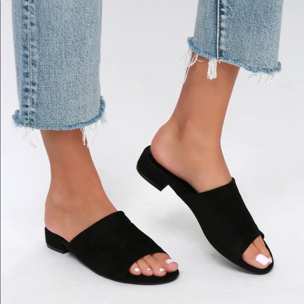 Lulus “Deidra” black suede mules